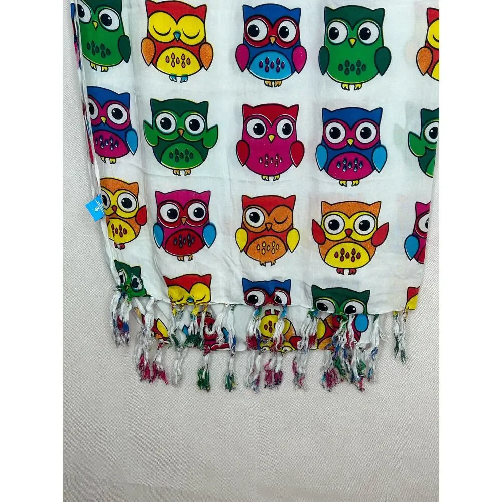 Bali Luv Owl Design Scarf Wrap Cover Up Beach Swimming Vacation Artsy Fringe